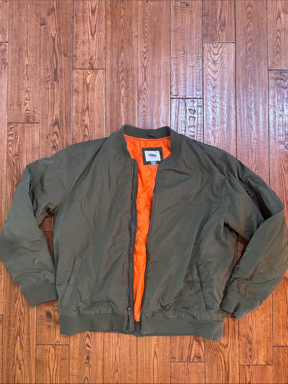 Old Navy Olive Green Bomber Jacket with Orange Lining